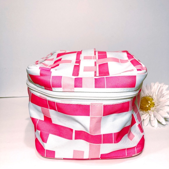 Clinique Limited Edition Pink Plaid White Travel Cosmetic Bag Zips Handle NWOT - Picture 7 of 7